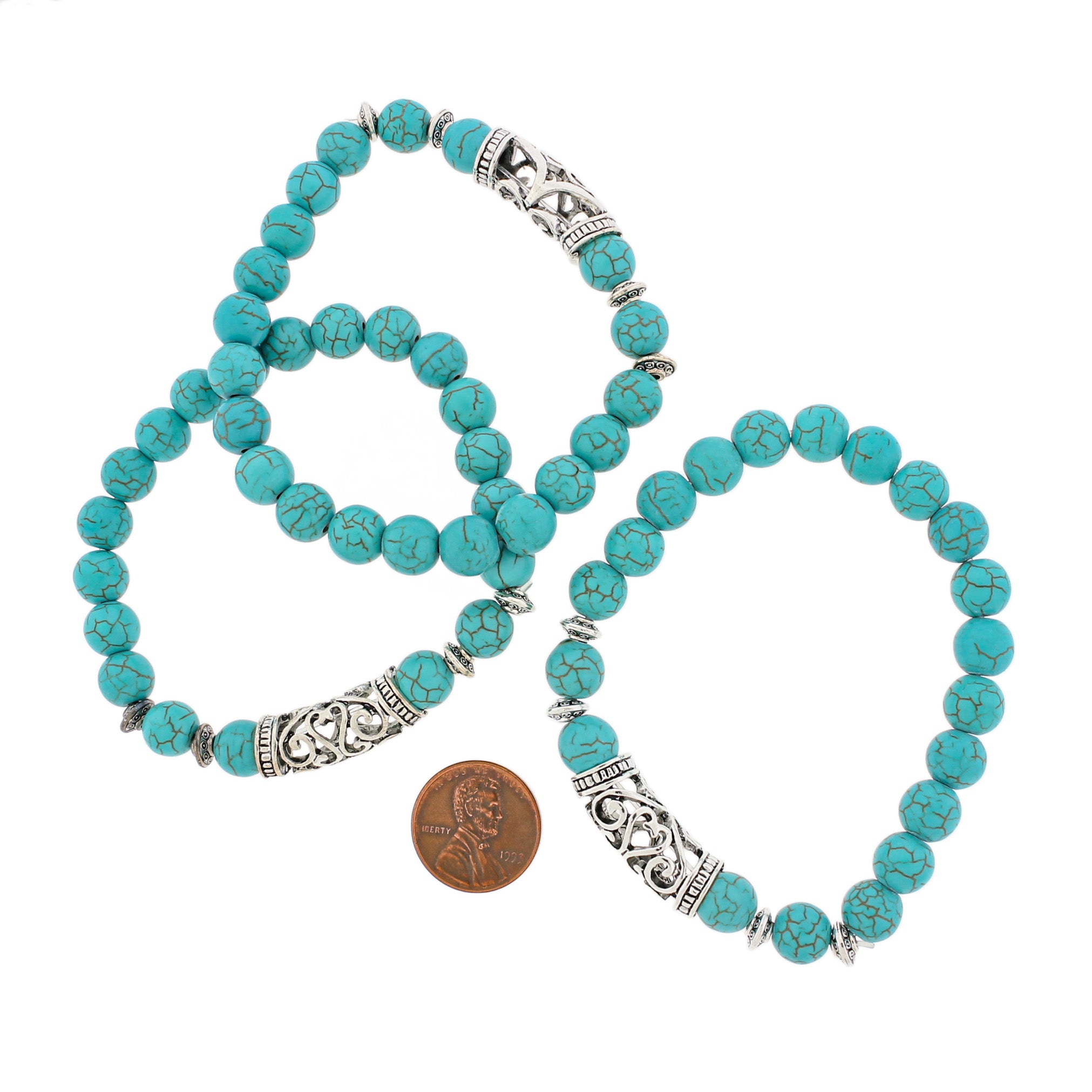 Bracelet de perles rondes en howlite bleue 45 mm - Bélière argentée antique - 1 bracelet - BB181