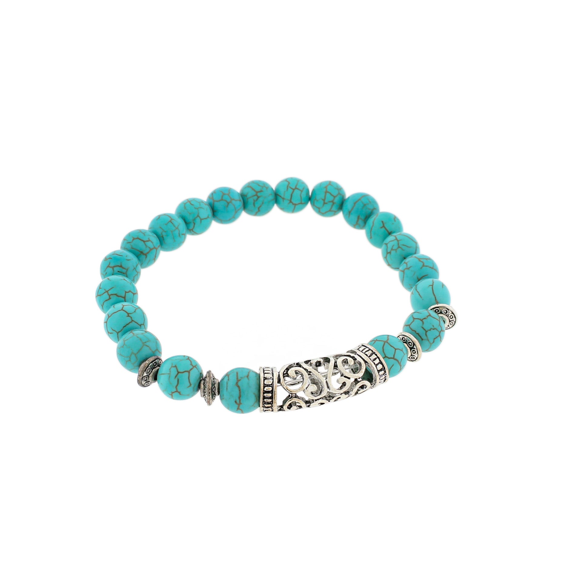 Bracelet de perles rondes en howlite bleue 45 mm - Bélière argentée antique - 1 bracelet - BB181