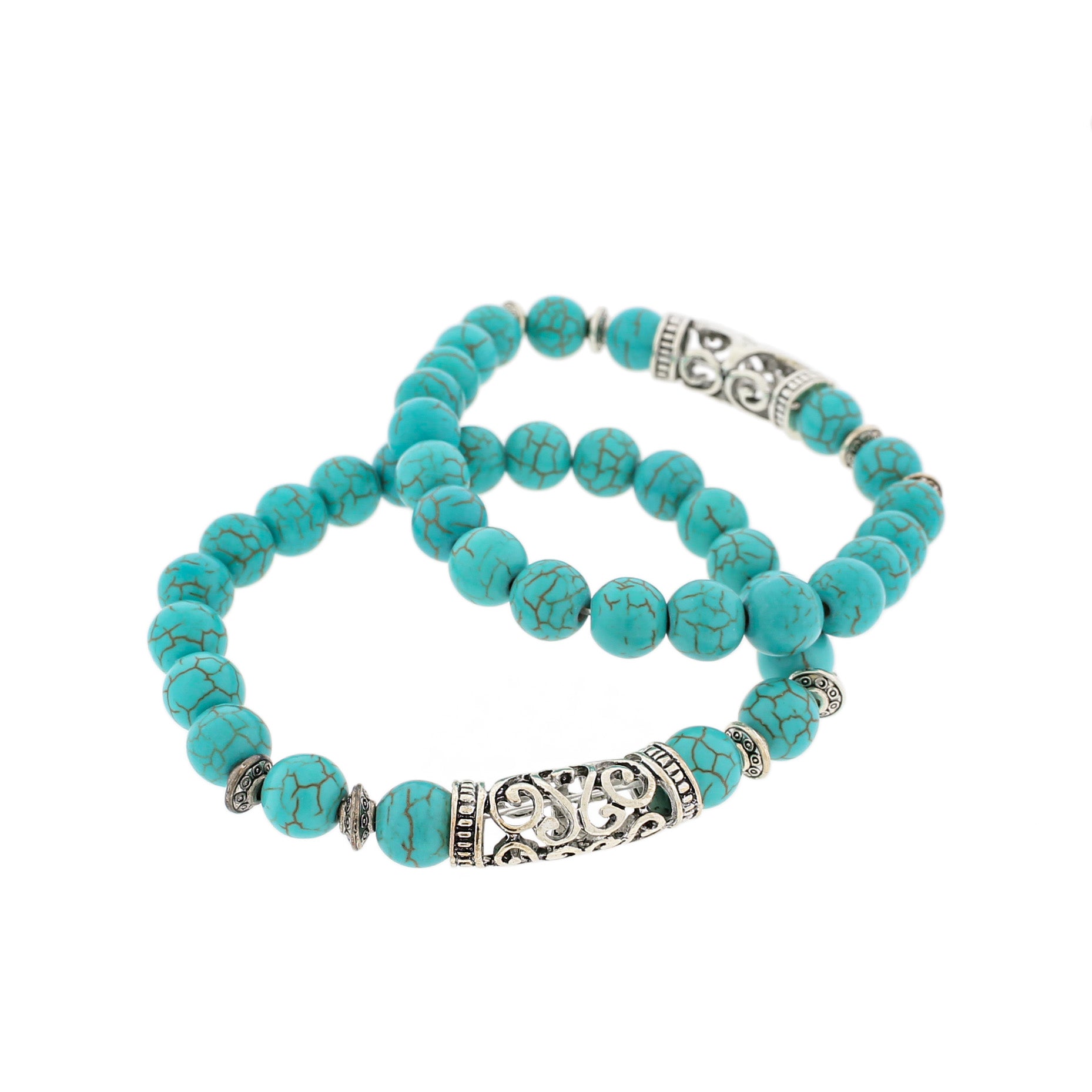 Bracelet de perles rondes en howlite bleue 45 mm - Bélière argentée antique - 1 bracelet - BB181