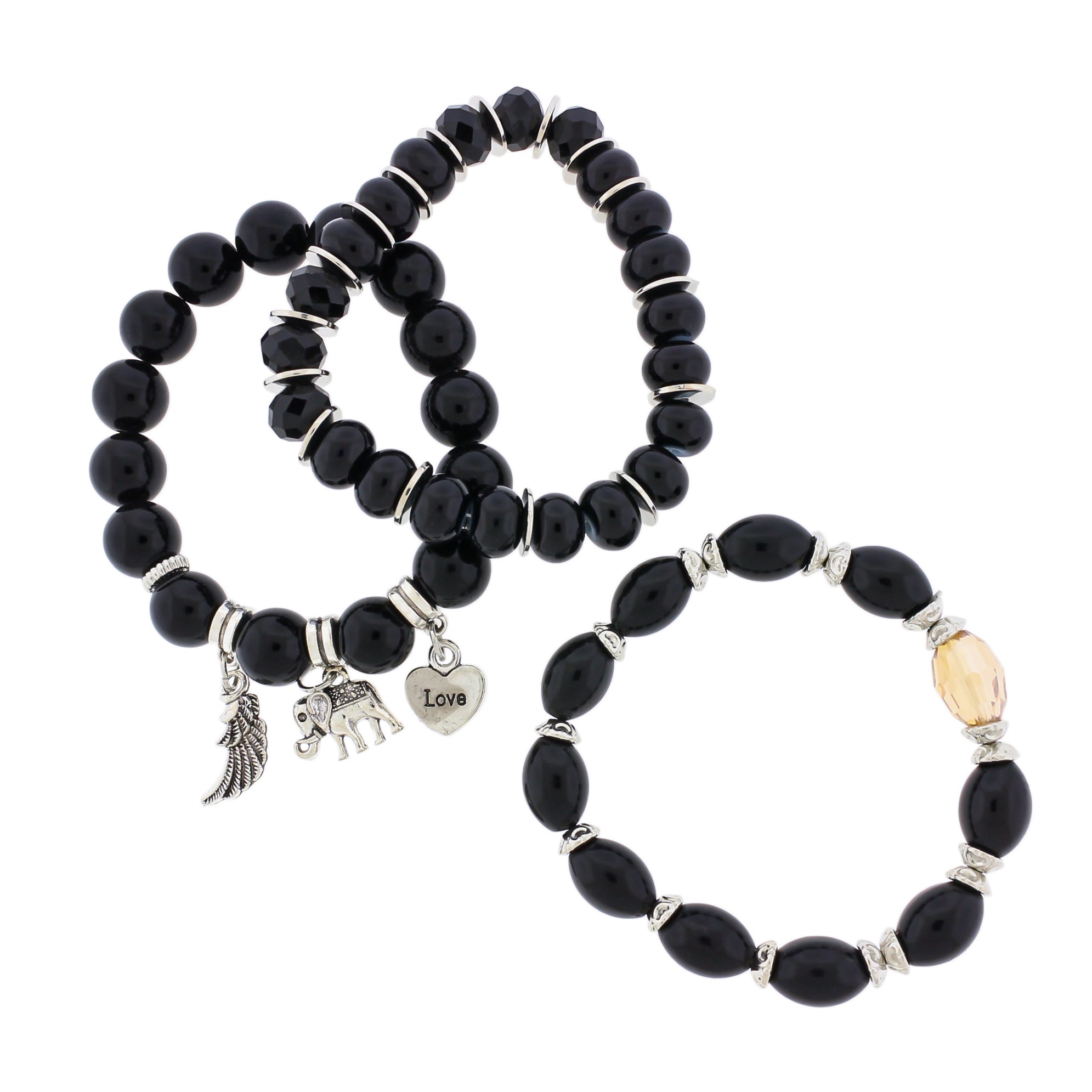 Pile de bracelets ronds en perles de verre - 81 mm - Noir avec breloques pendantes - 1 ensemble de 3 bracelets - BB162