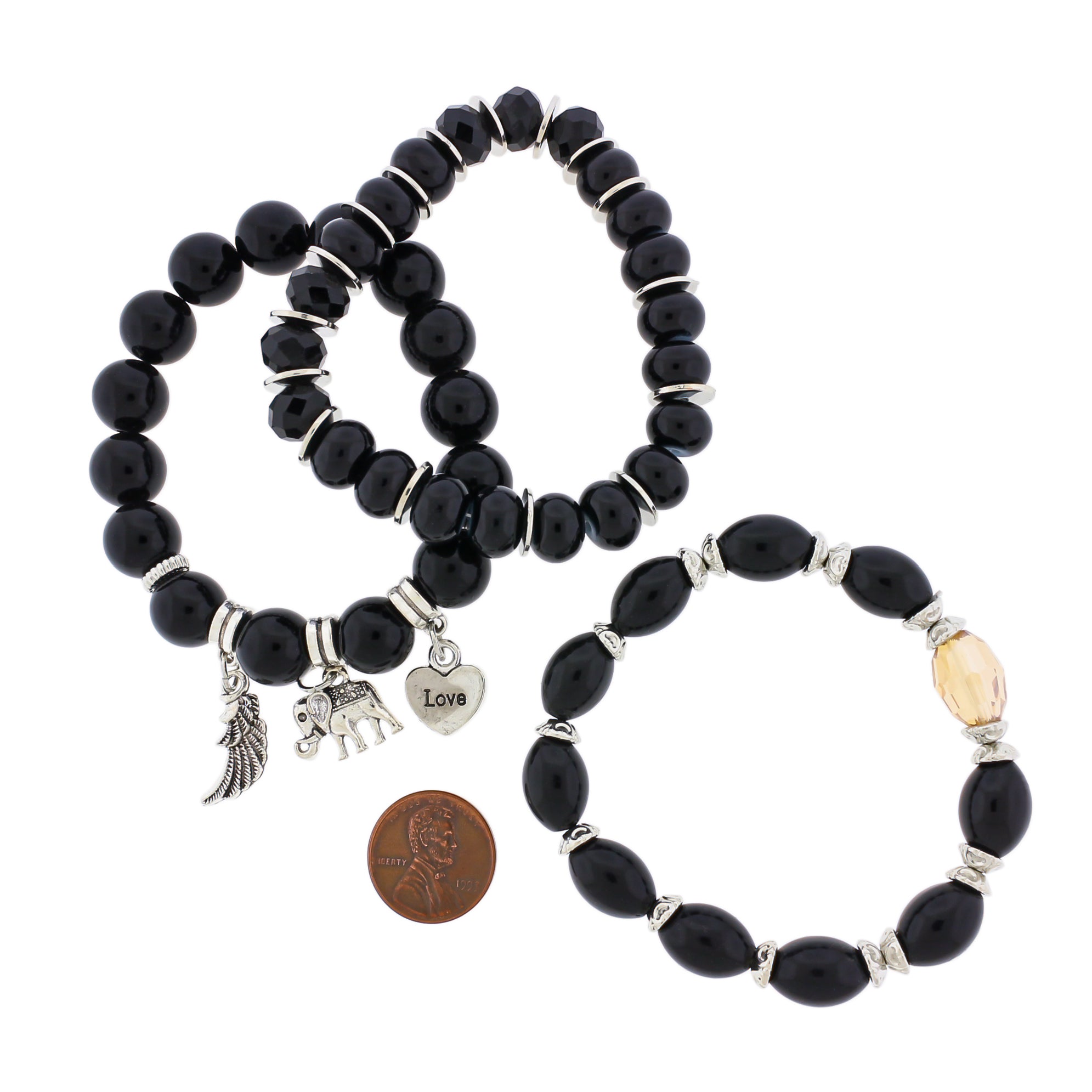 Pile de bracelets ronds en perles de verre - 81 mm - Noir avec breloques pendantes - 1 ensemble de 3 bracelets - BB162