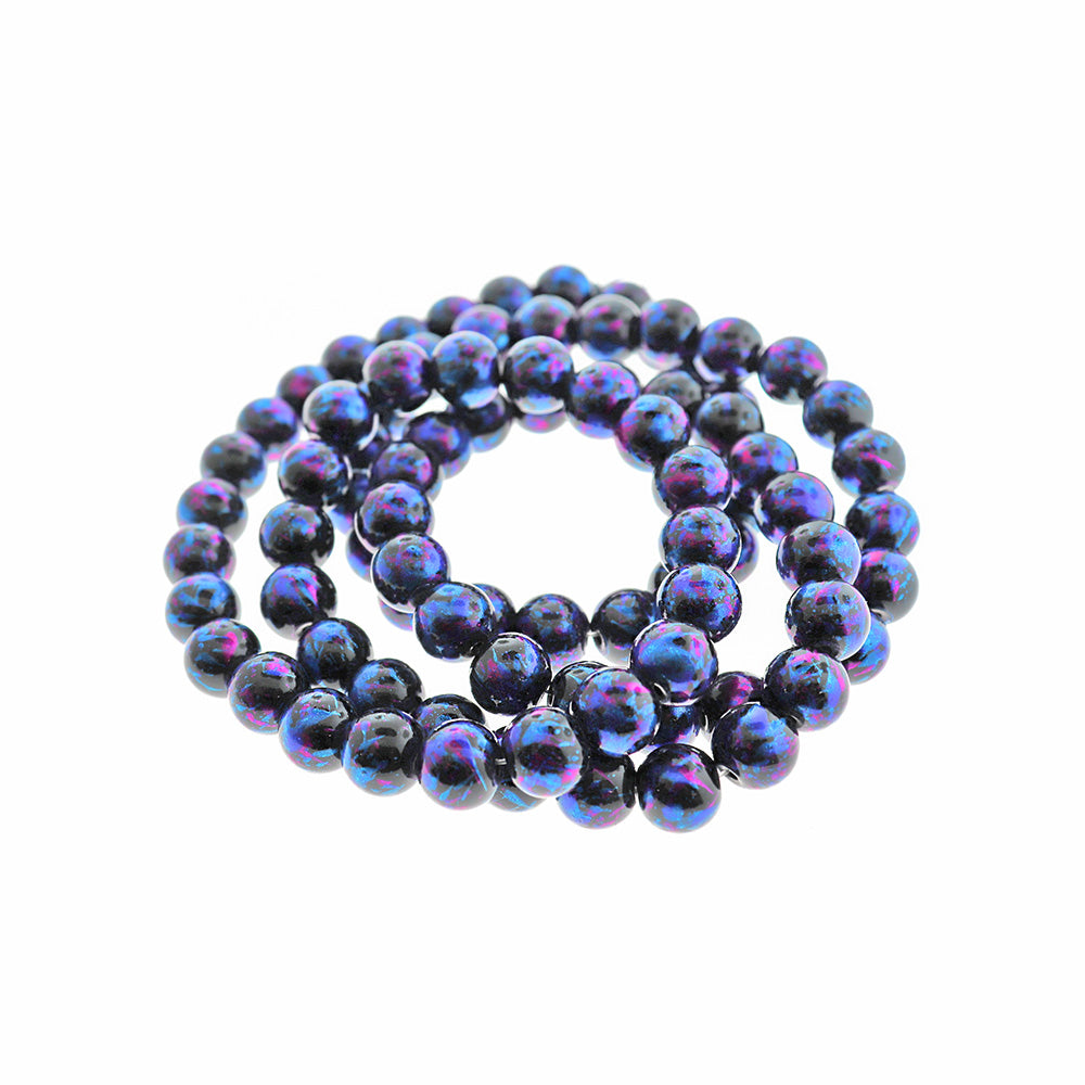 Round Glass Beads 10mm - Glitter Purple and Blue Drip Black - 1 Strand 82 Beads - BD2585