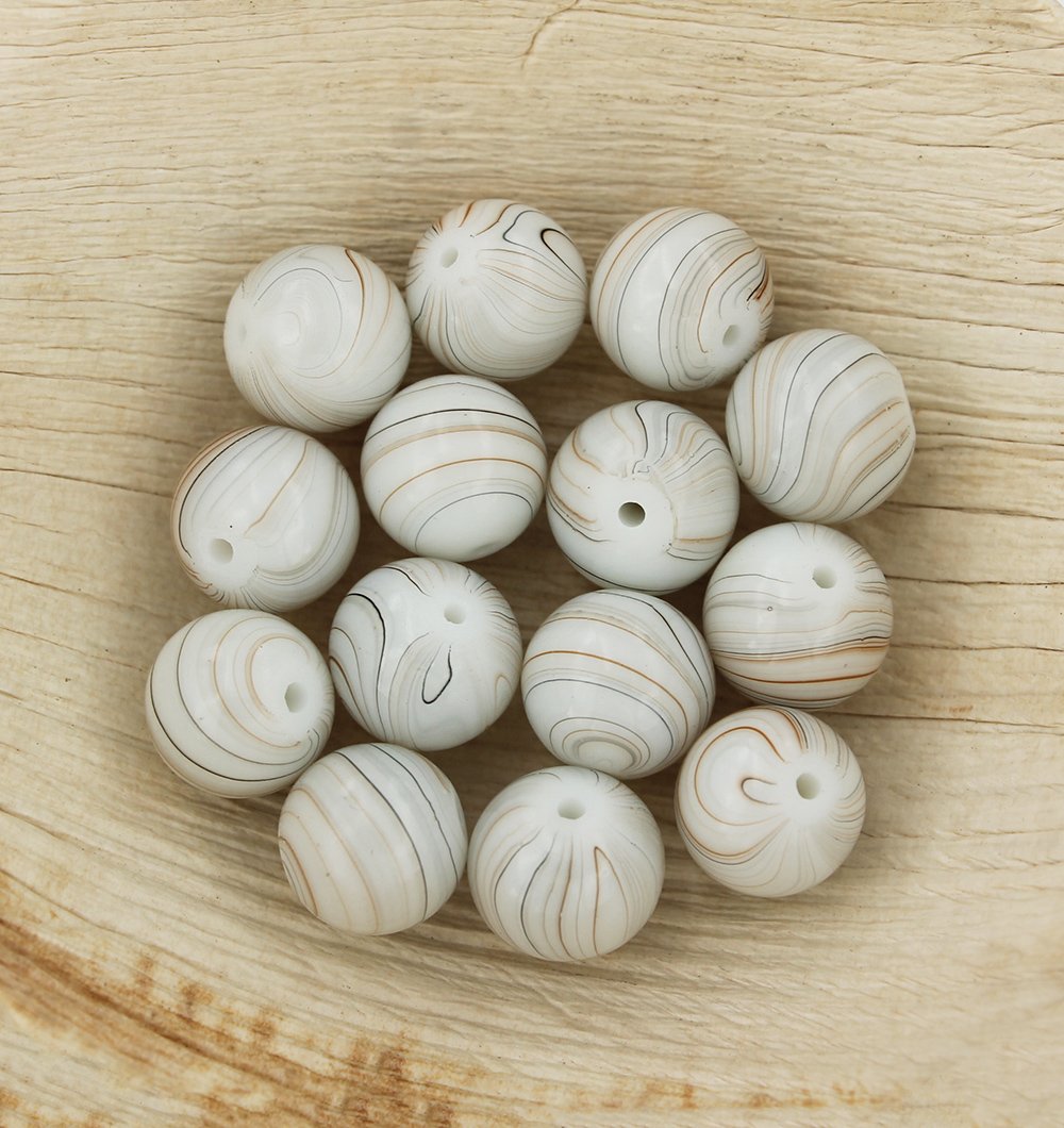 Round Glass Beads 12mm - Swirls of Beige White and Blue - 15 Beads - BD204