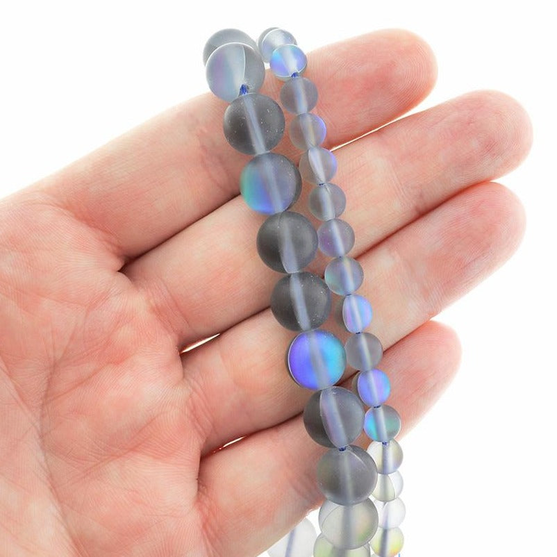 Perles de verre rondes 6mm -10mm - Choisissez votre taille - Imitation électrolytique givrée pierre de lune grise - 1 brin complet de 15" - BD179