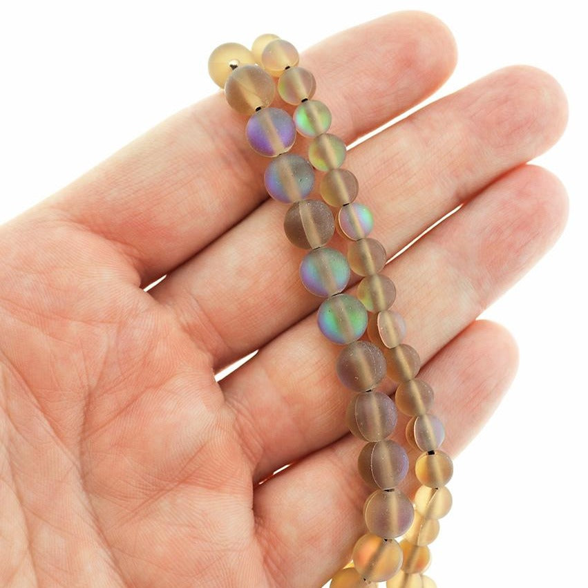 Perles de verre rondes 6mm - 8mm - Choisissez votre taille - Pierre de lune imitation brun électroplaqué givré - 1 brin complet de 15" - BD2469