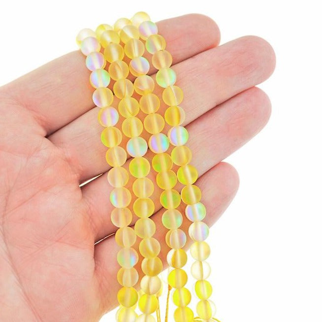 Perles de Verre Rondes 6mm - Imitation Pierre de Lune Jaune Galvanisée - 1 Rang 48 Perles - BD985