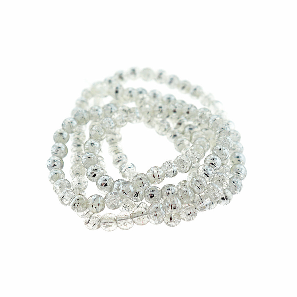 Round Glass Beads 6mm - Silver Drawbench Clear Ice Crackle - 1 Strand 140 Beads - BD2357