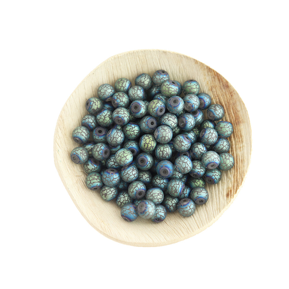 Round Glass Beads 8mm - Electroplated Blue Veins - 25 Beads - BD464