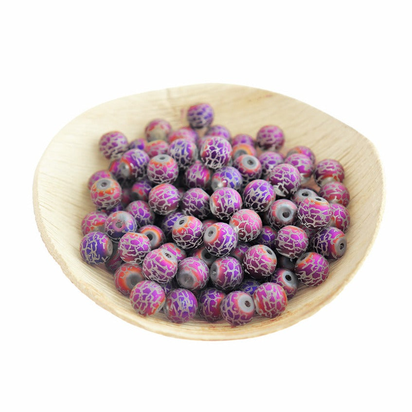 Round Glass Beads 8mm - Frosted Electroplated Crackle Pattern - 25 Beads - BD1328