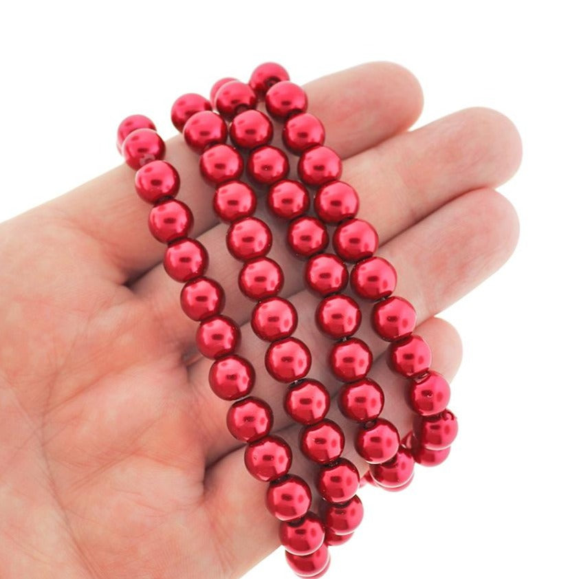 Perles Rondes en Verre 8mm - Rouge Feu Nacré - 1 Rang 105 Perles - BD393