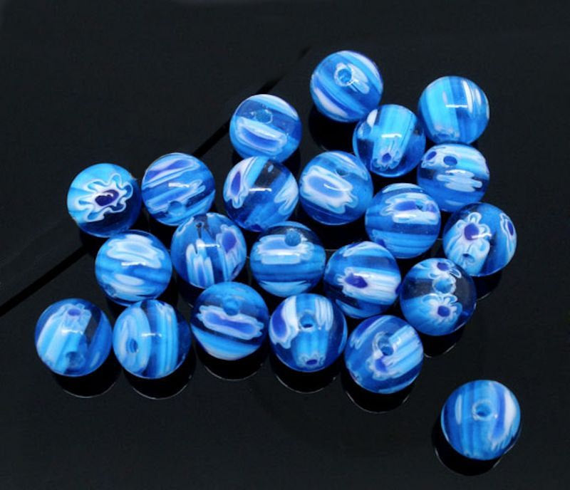 Round Millefiori Glass Beads 8mm - Beautiful Blues and White - 20 Beads - BD257