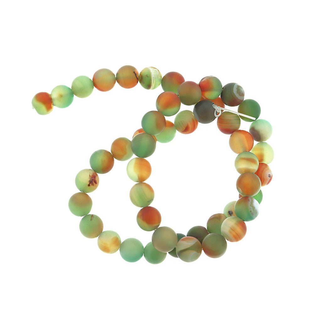 Round Natural Agate Beads 6mm -10mm - Choose Your Size - Frosted Peacock Green and Orange - 1 Full 14.96" Strand - BD2544
