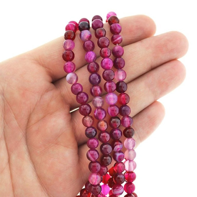 Perles Rondes Agate Naturelle 6mm - Rose Framboise - 1 Rang 63 Perles - BD473