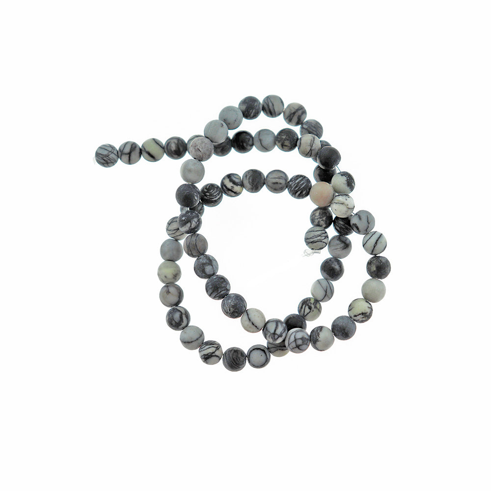 Round Natural Netstone Beads 6mm - Black & Grey Marble - 1 Strand 63 Beads - BD168