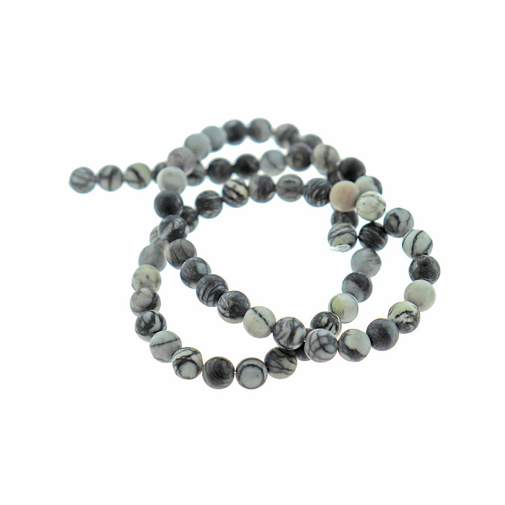Round Natural Netstone Beads 6mm - Black & Grey Marble - 1 Strand 63 Beads - BD168