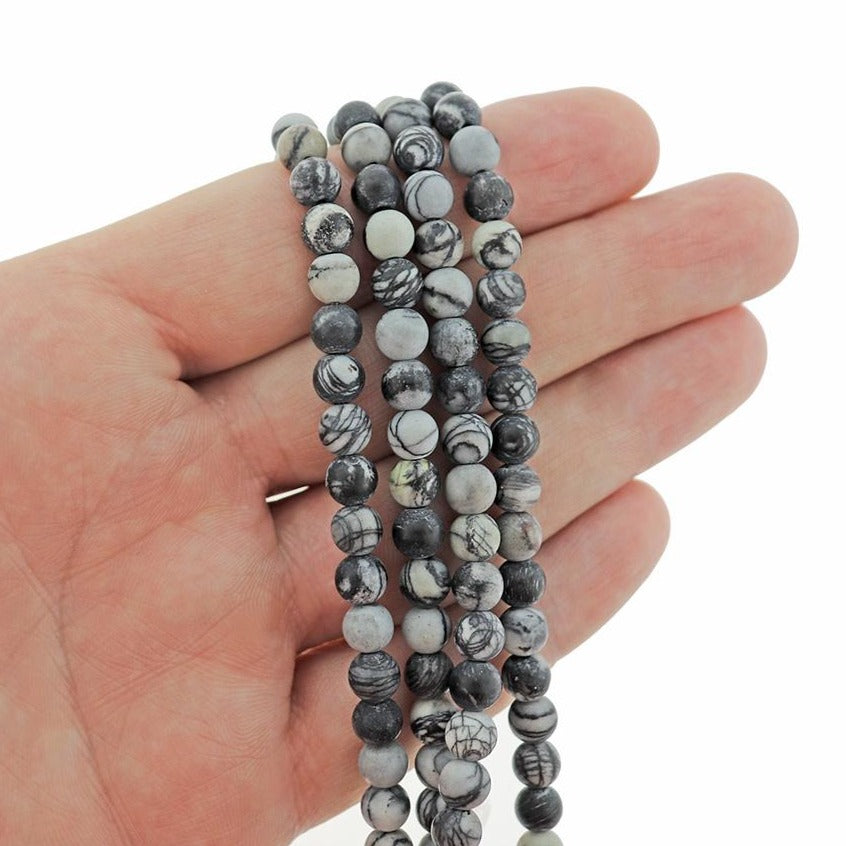 Perles Rondes en Netstone Naturel 6mm - Marbre Noir & Gris - 1 Rang 63 Perles - BD168