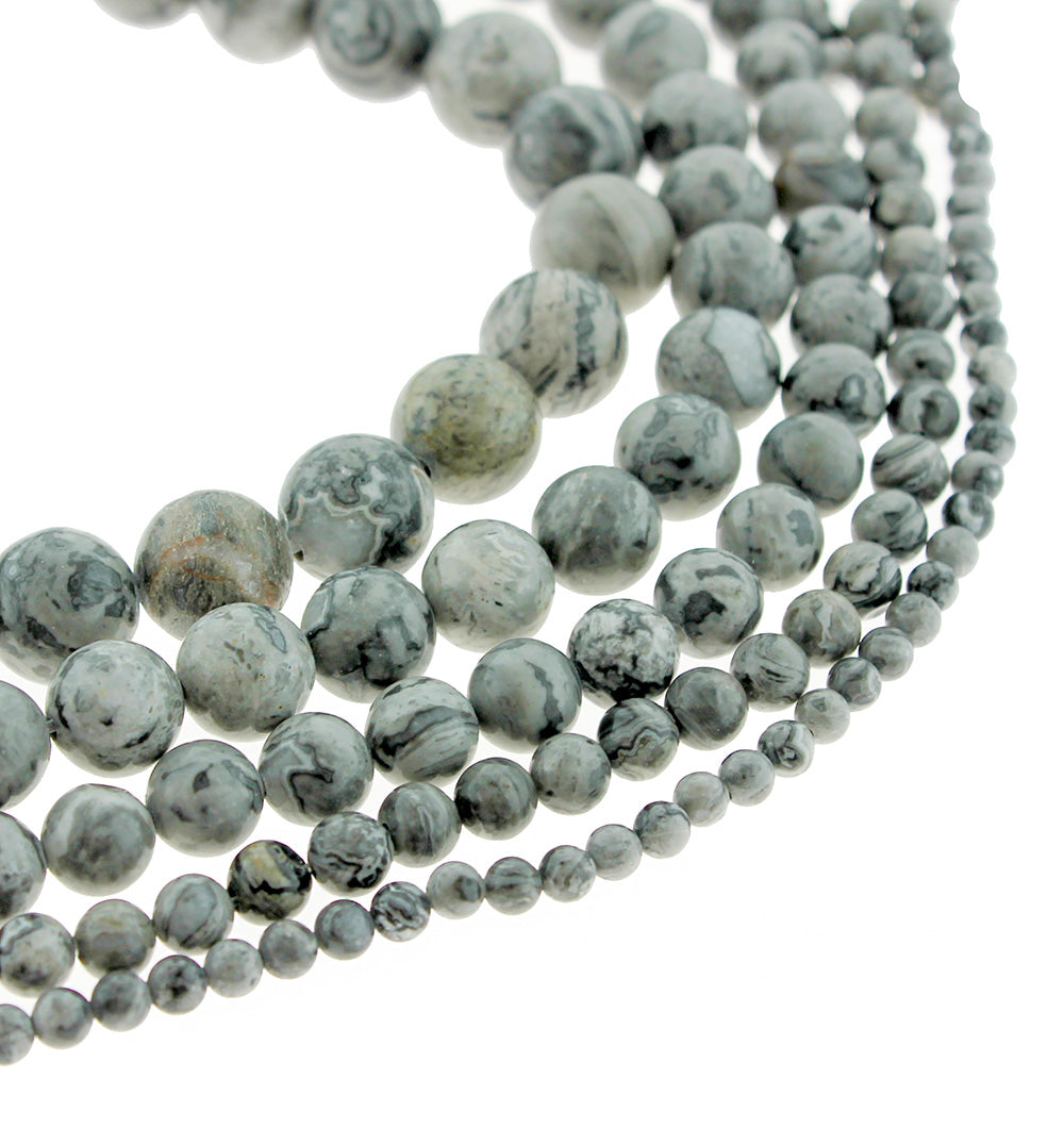 Round Natural Picasso Jasper Beads 4mm - 12mm - Choose Your Size - Stormy Grey Tones - 1 Full 15" Strand - BD1848
