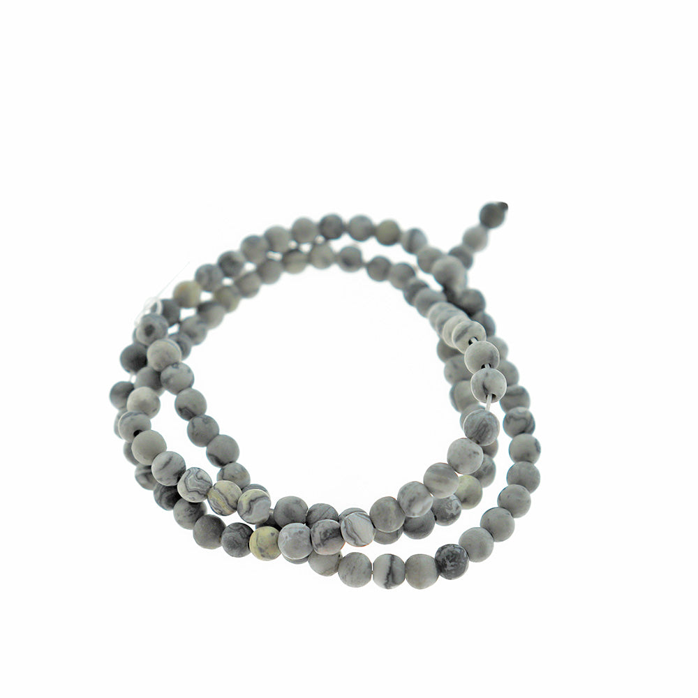 Round Natural Picasso Jasper Beads 4mm - Frosted Stormy Grey - 1 Strand 95 Beads - BD2452