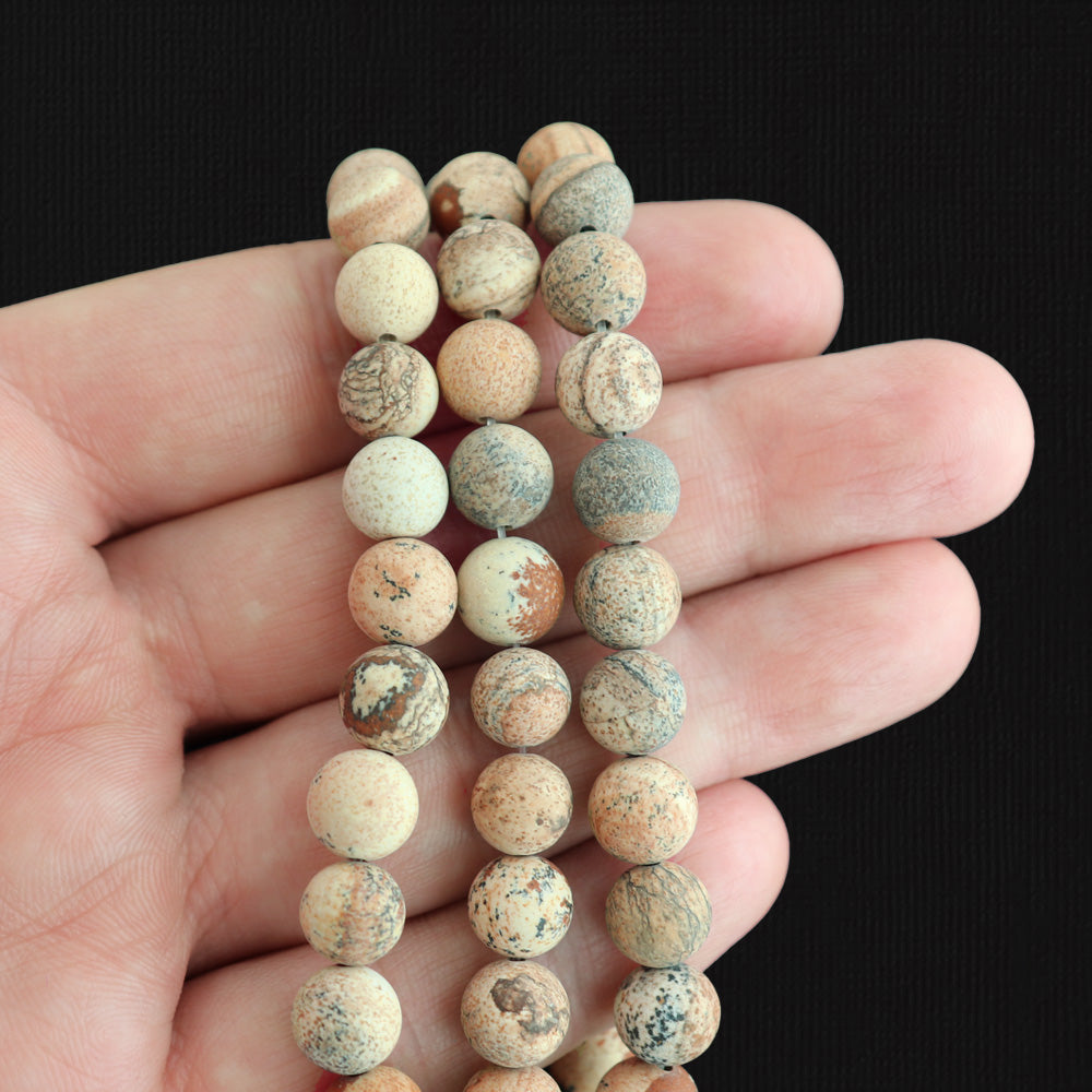 Perles rondes en jaspe naturel Picasso 8 mm - Tons de terre givrés - 1 brin 47 perles - BD1629