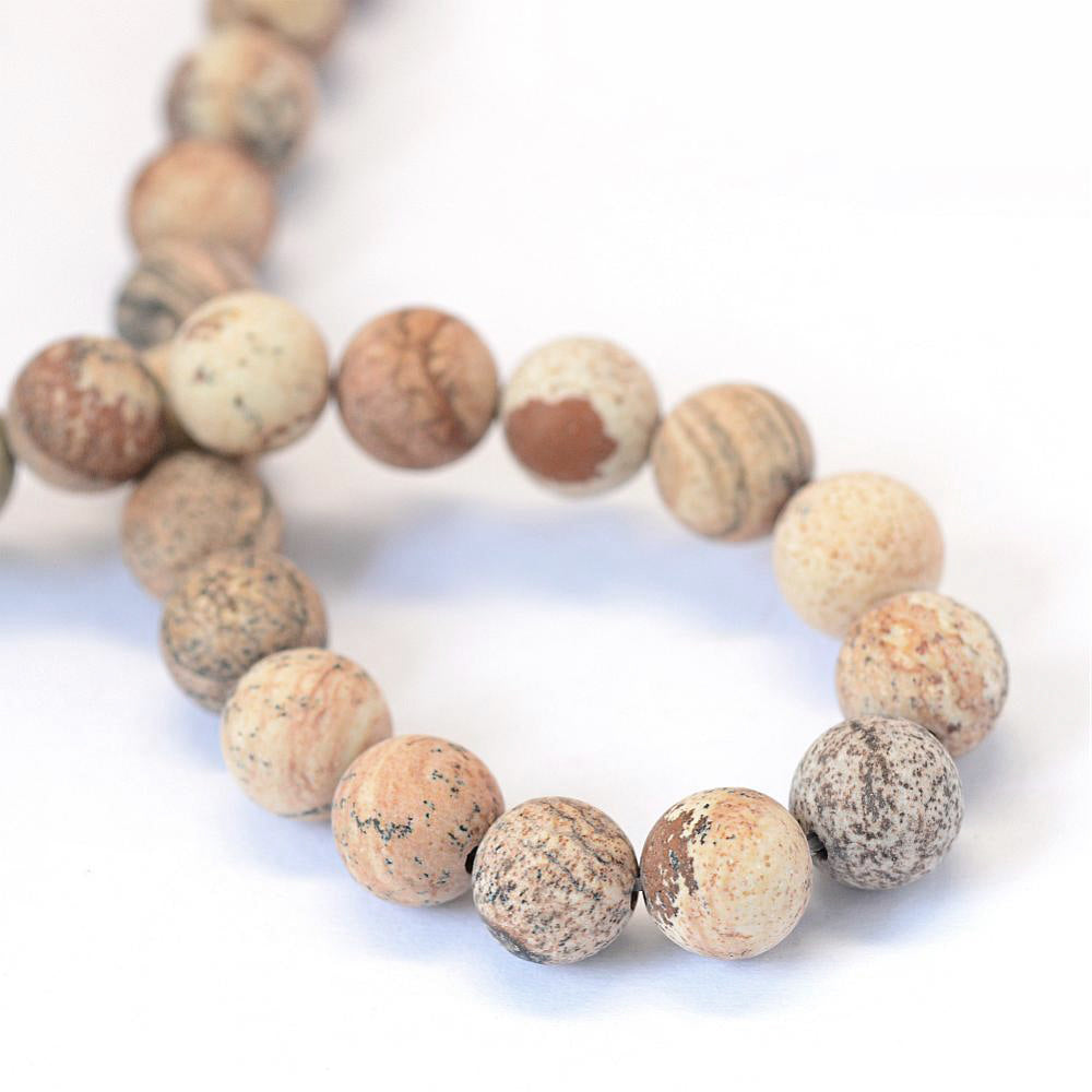 Round Natural Picture Jasper Beads 8mm - Frosted Stony Earth Tones - 1 Strand 47 Beads - BD1349