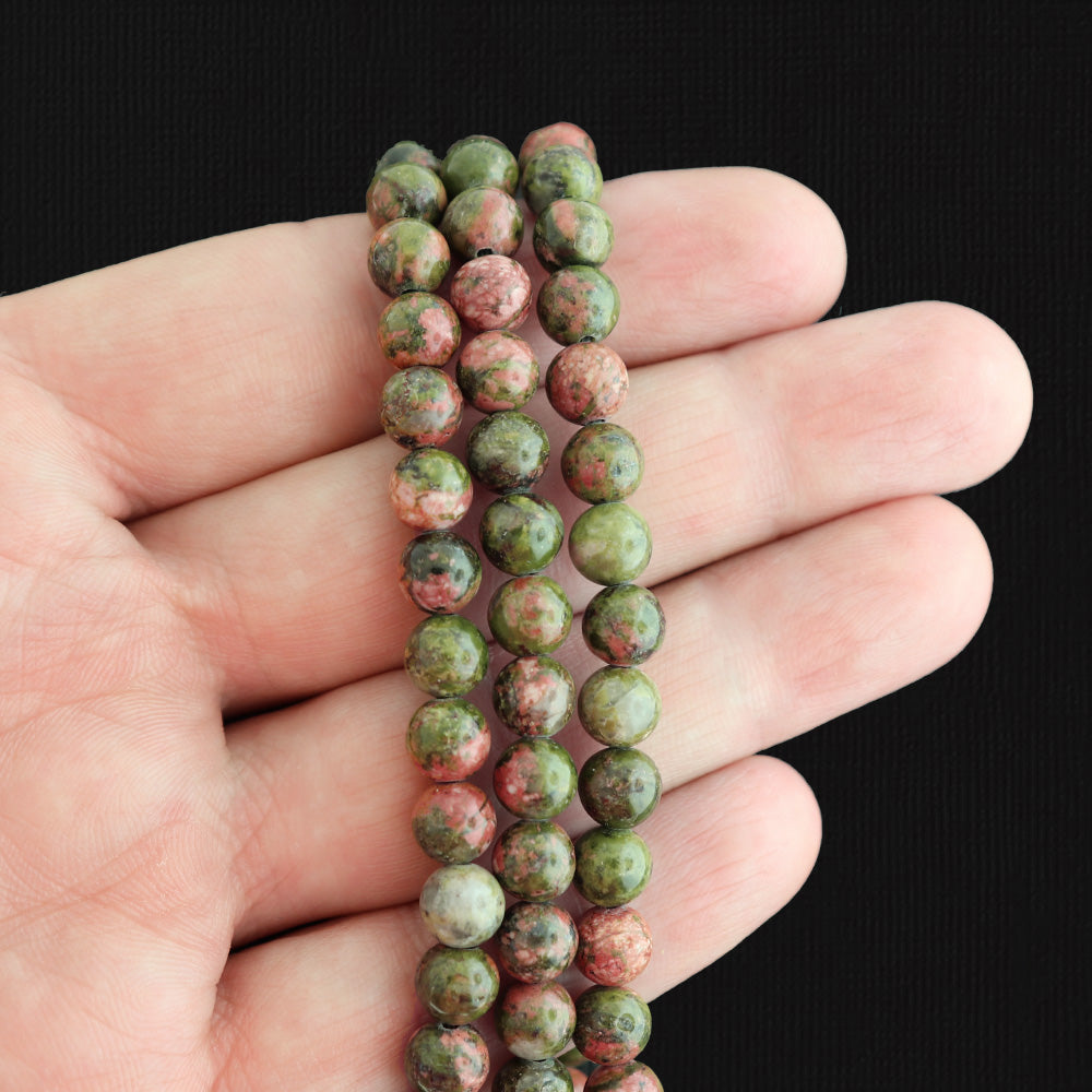 Round Natural Unakite Beads 6mm - Coral Pink and Olive Green - 1 Strand 61 Beads - BD1689