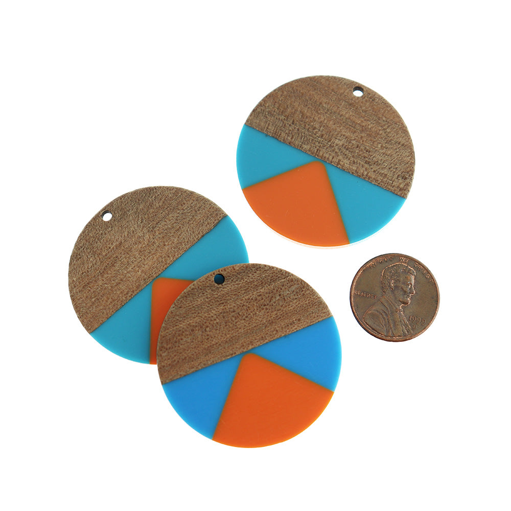 Breloque Ronde en Bois Naturel et Résine 38mm - Orange et Bleu - WP520