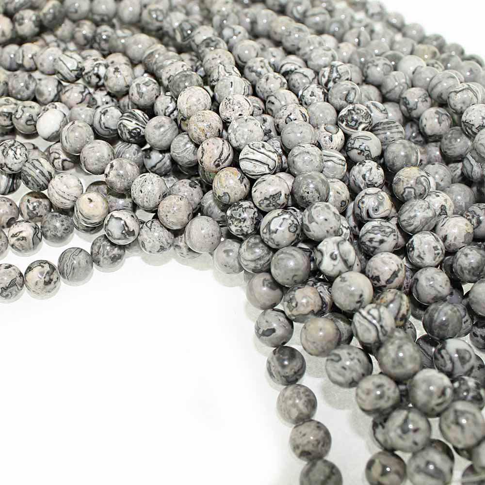 Perles Rondes Jaspe Image 8mm - Stormy Night - 1 Rang 46 Perles - BD761