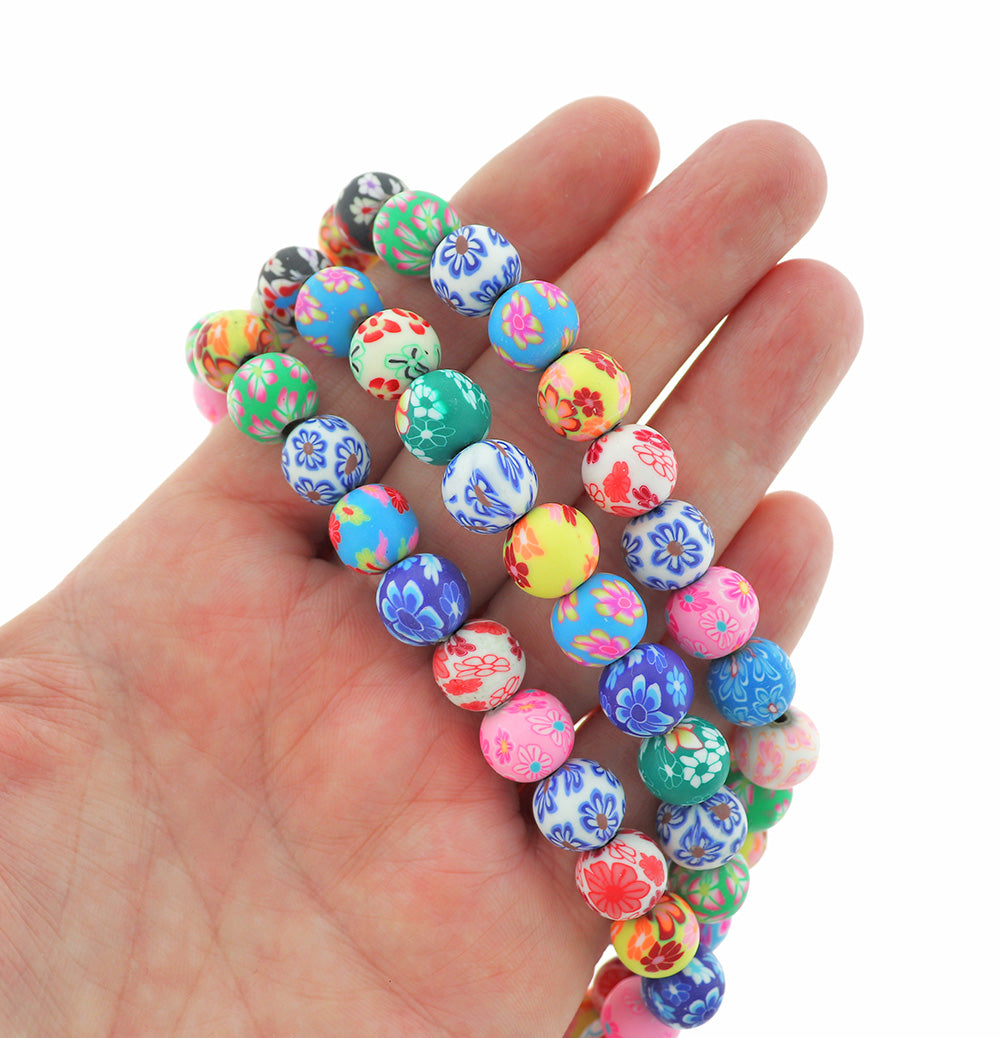 Round Polymer Clay Beads 10mm - Assorted Design - 1 Strand 38 Beads - BD1887
