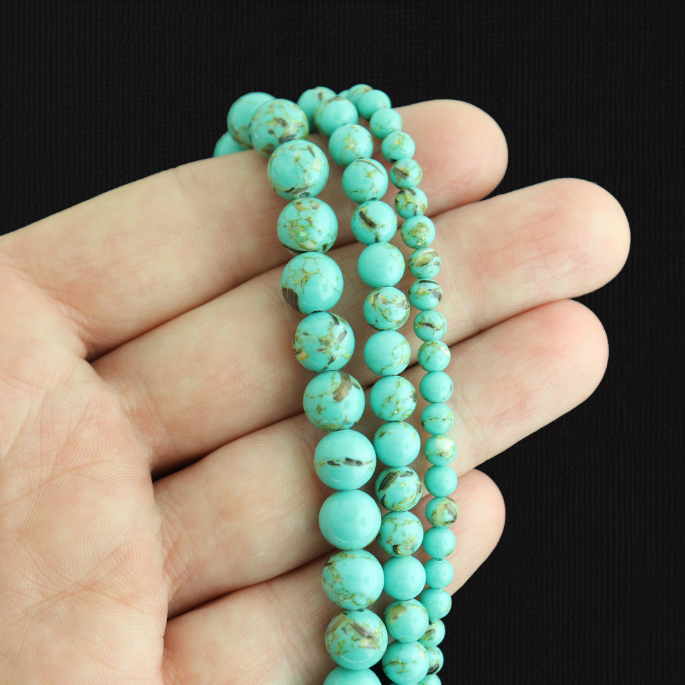 Round Synthetic Gemstone Beads 4mm - 8mm - Choose Your Size - Green and Gold - 1 Full Strand - BD1949