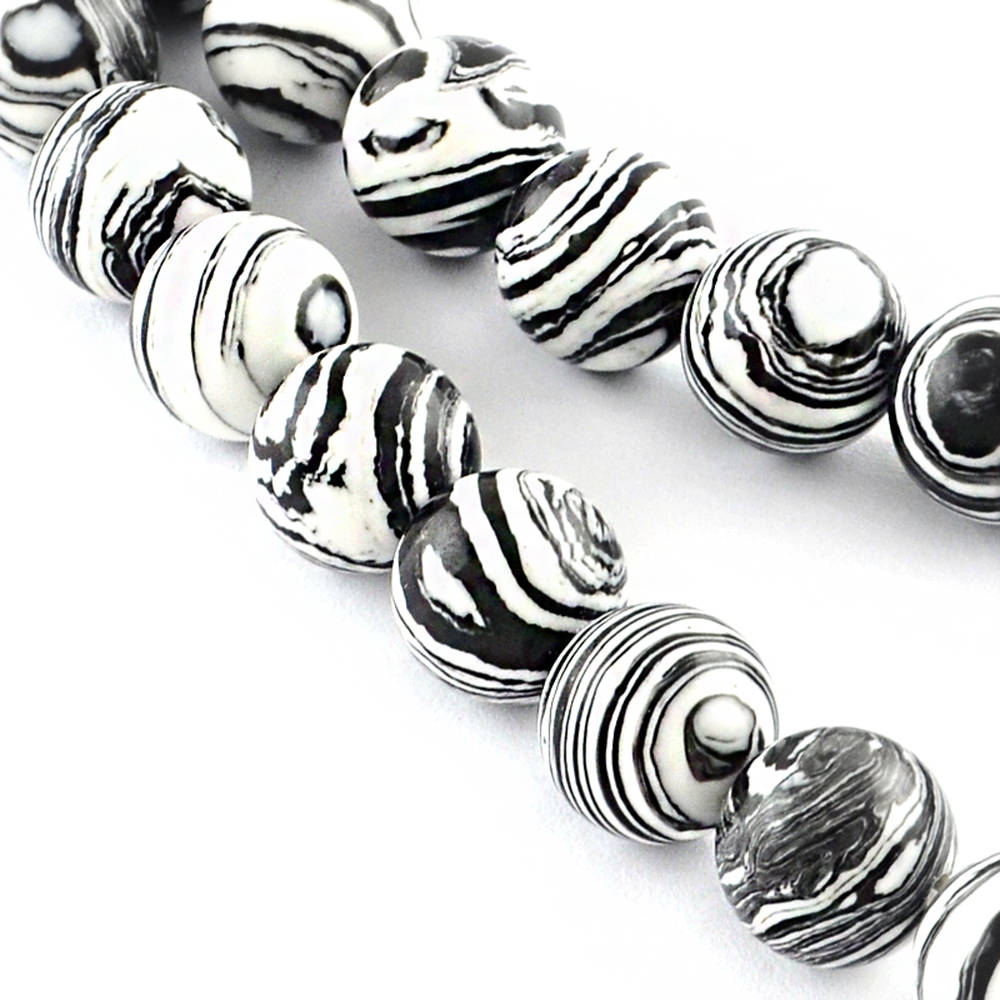 Perles de pierres précieuses synthétiques rondes 8 mm - Marbre noir et blanc - 1 brin 50 perles - BD274