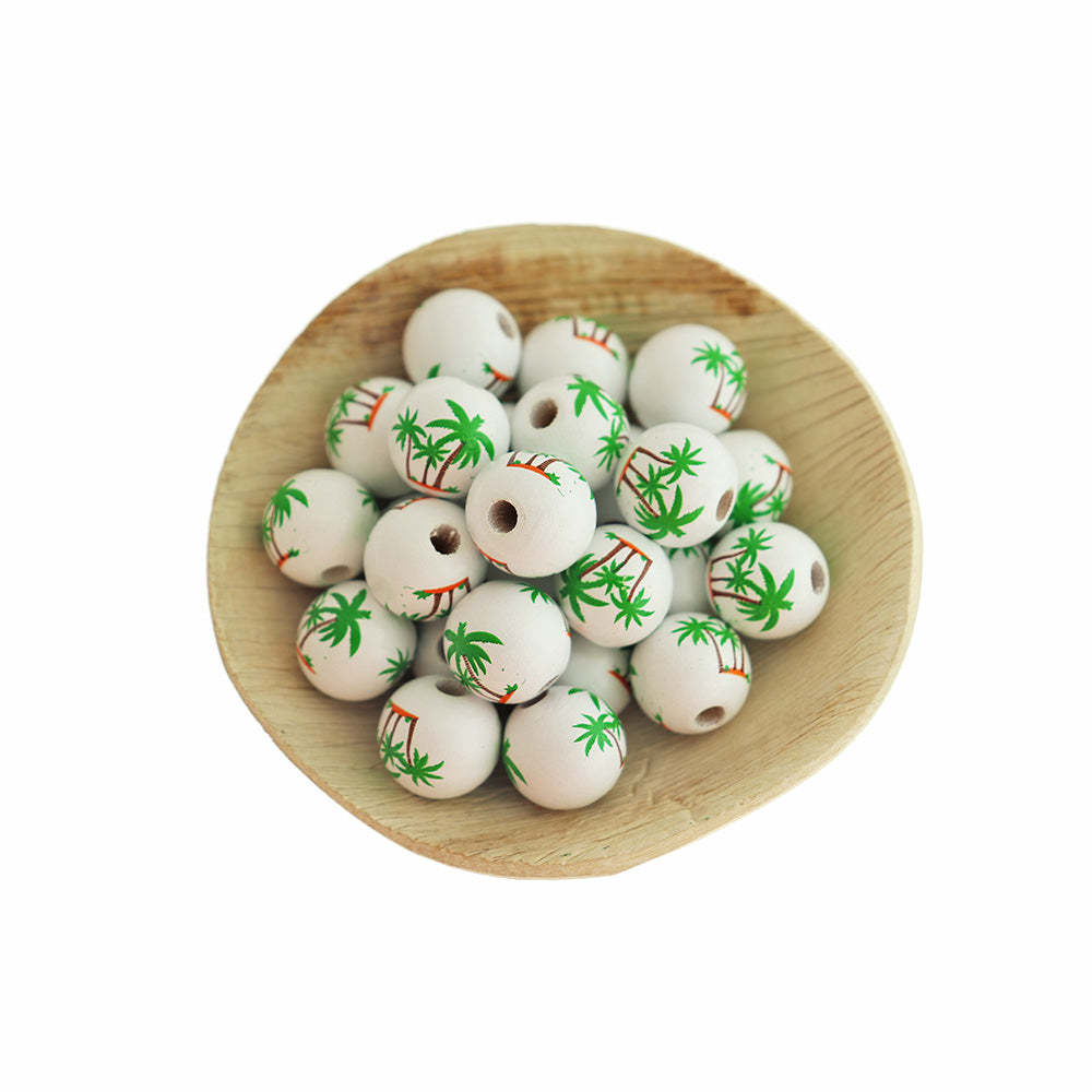 Round Wood Beads 16mm -White with Palm Tree - 10 Beads - BD327
