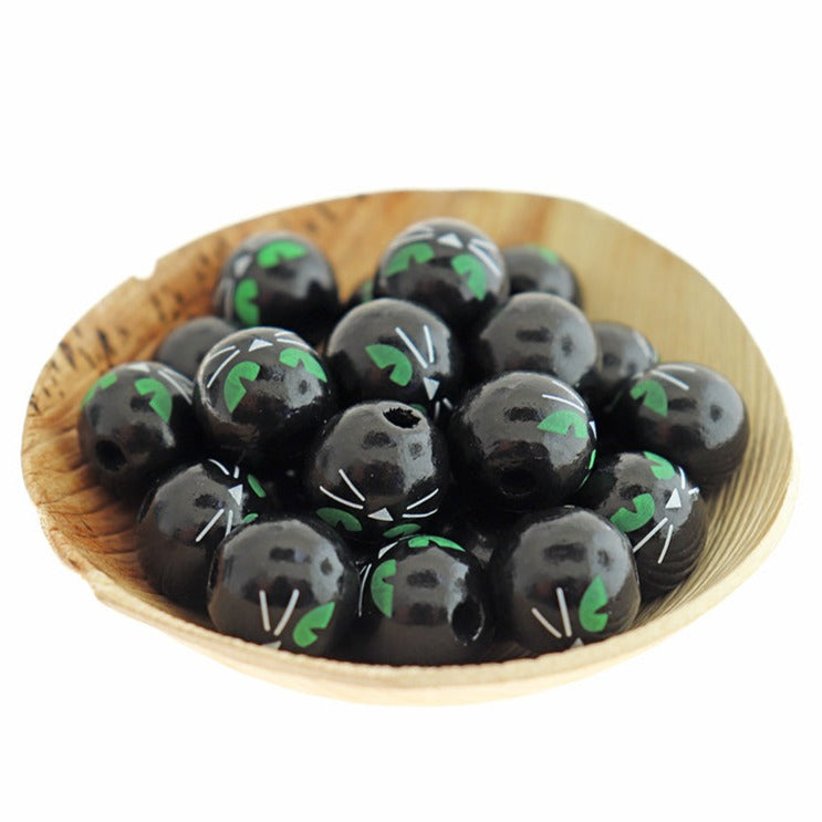 Round Wooden Beads 15mm - Black Cat - 15 Beads - BD2088