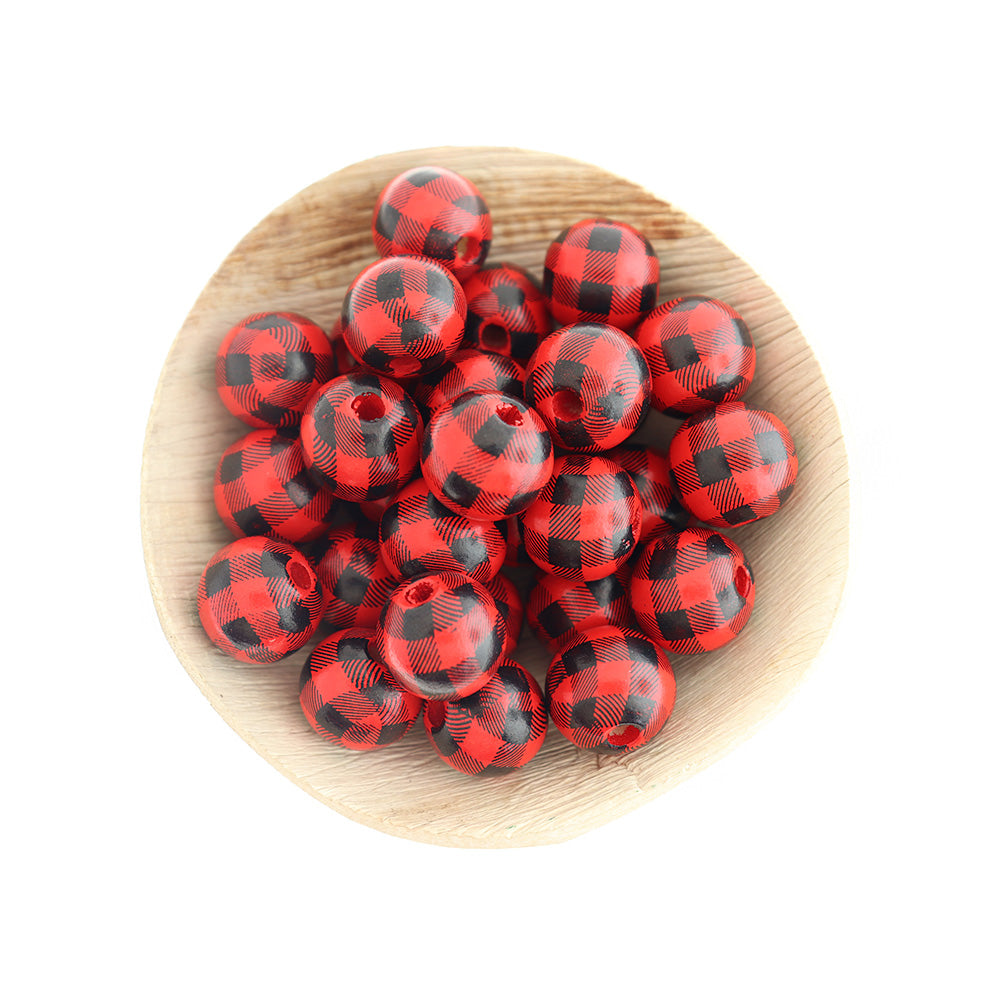Round Wooden Beads 16mm - Buffalo Plaid - 10 Beads - BD2813