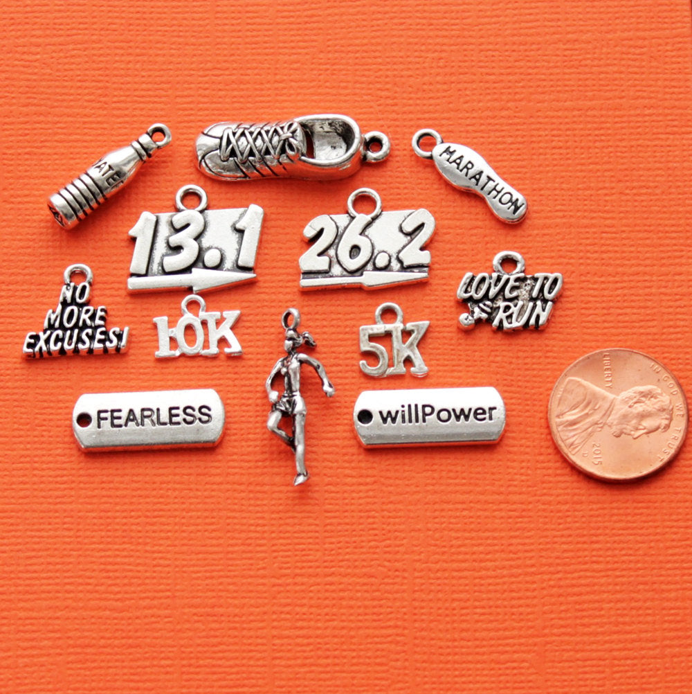 Running Charm Collection Antique Silver Tone 12 Different Charms - COL336