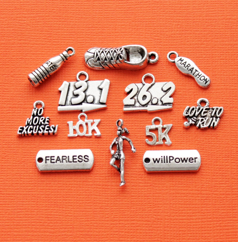 Running Charm Collection Antique Silver Tone 12 Different Charms - COL336