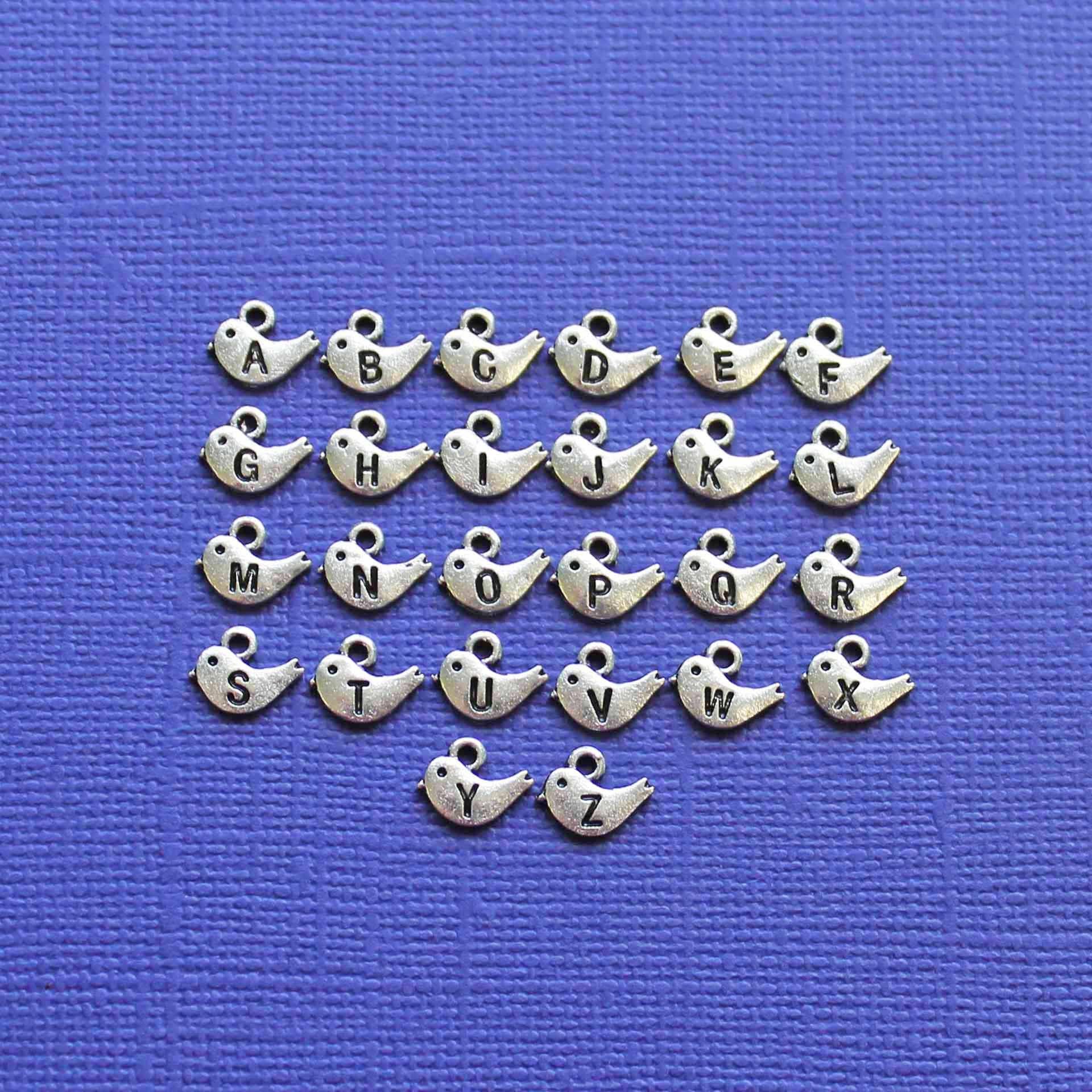 SALE 26 Bird Alphabet Letter Silver Tone Charms 2 Sided - 1 Set - ALPHA1800