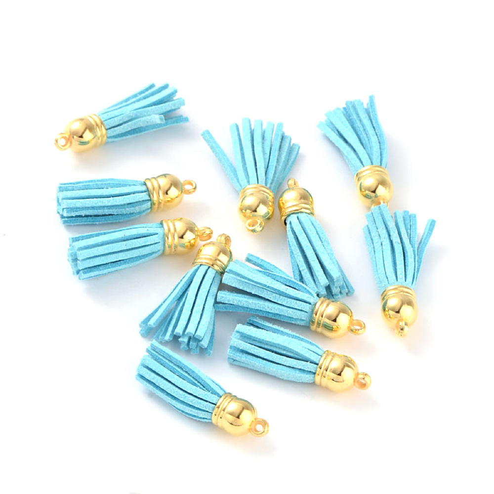 SALE Suede Tassels - Sky Blue and Gold Tone - 4 Pieces - Z170