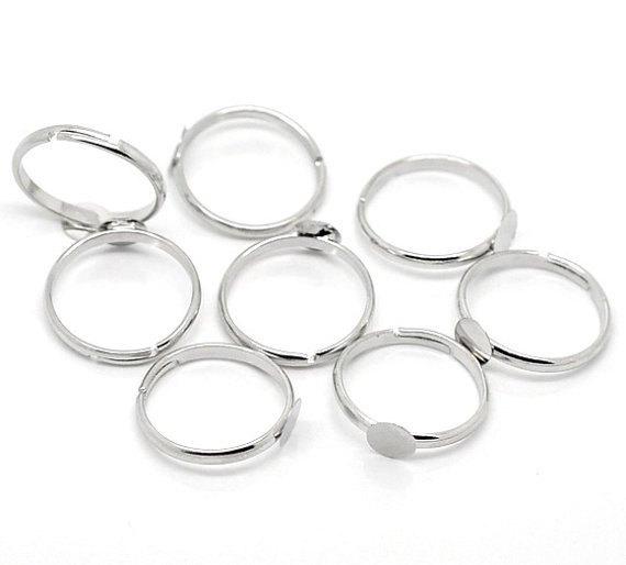 Bases de bague ajustables argentées - 15,5 mm avec tampon de colle de 6 mm - 10 pièces - FD043