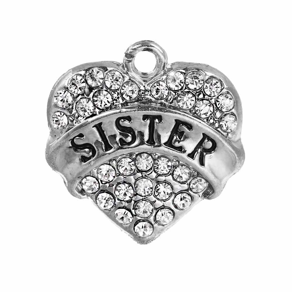 Sister Antique Silver Tone Charm with Inset Rhinestones - SC5575