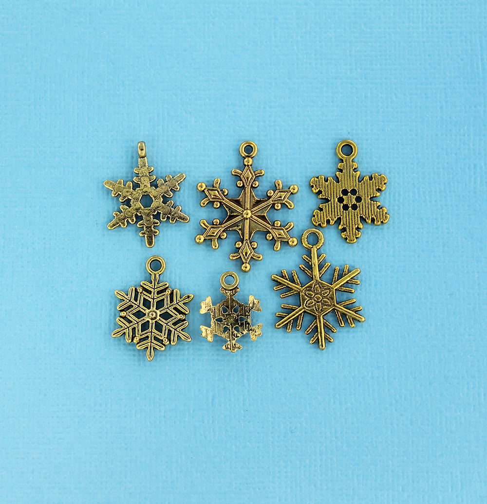 Snowflake Charm Collection Antique Gold Tone 6 Different Charms - COL132H