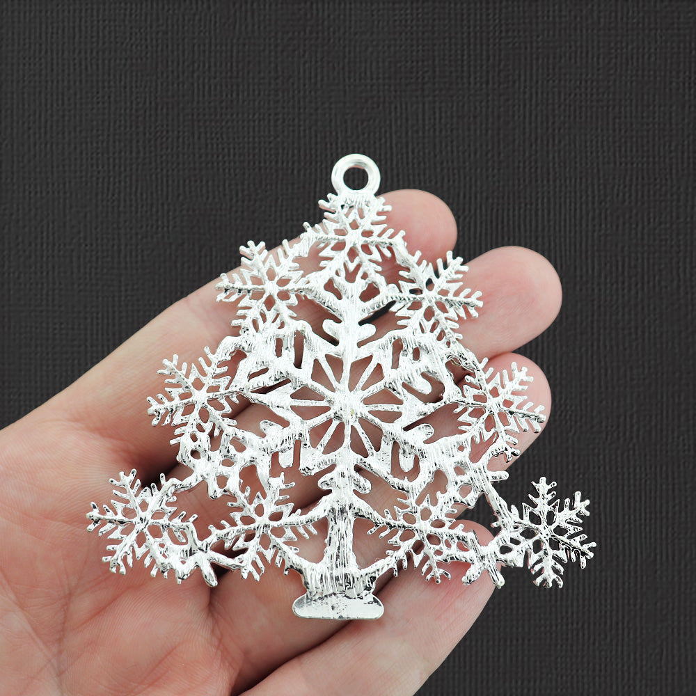 Snowflake Christmas Tree Silver Tone Charm With Inset Rhinestones - SC3685