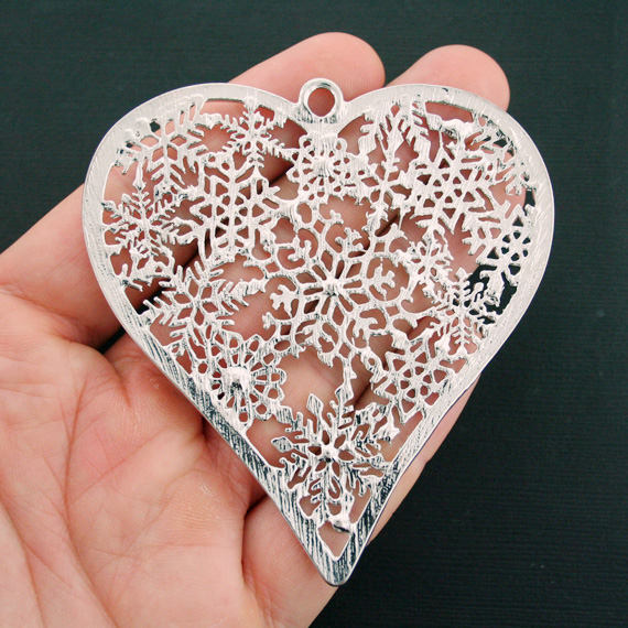 Snowflake Heart Silver Tone Charm With Inset Rhinestones - SC6246