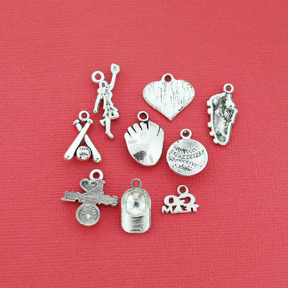 Collection de breloques Softball ton argent antique 9 breloques différentes - COL068