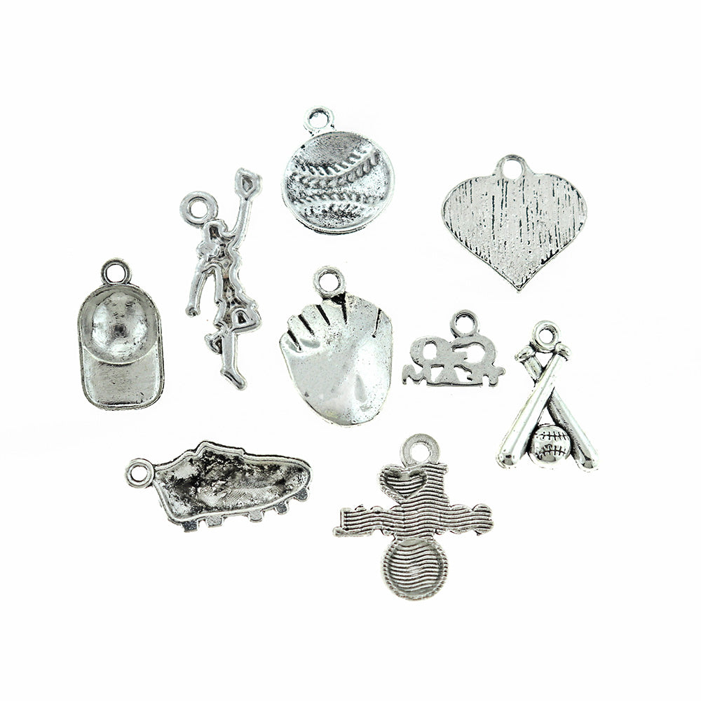 Collection de breloques Softball ton argent antique 9 breloques différentes - COL068