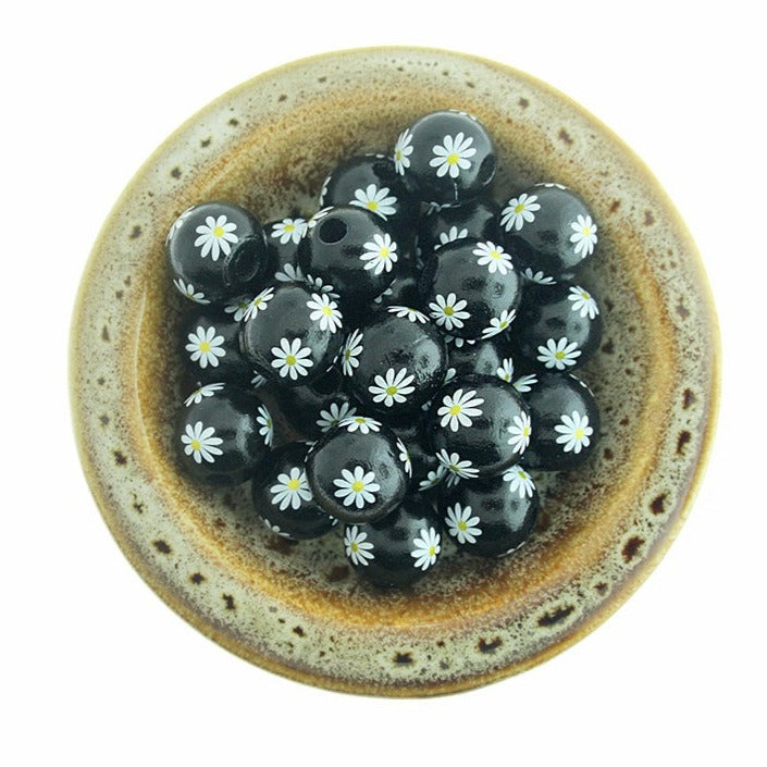 Spacer Wooden Beads 16mm - Black with White Daisy - 10 Beads - BD1500