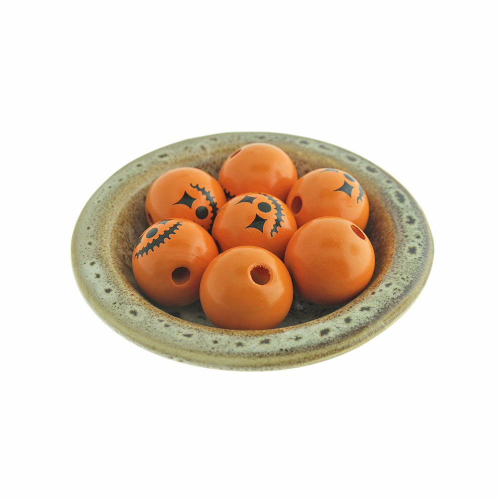 Spacer Wooden Beads 25mm - Orange Jack-O-Lantern - 10 Beads - BD834