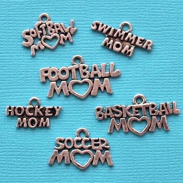 Collection de breloques Sports Mom ton argent antique 6 breloques différentes - COL175