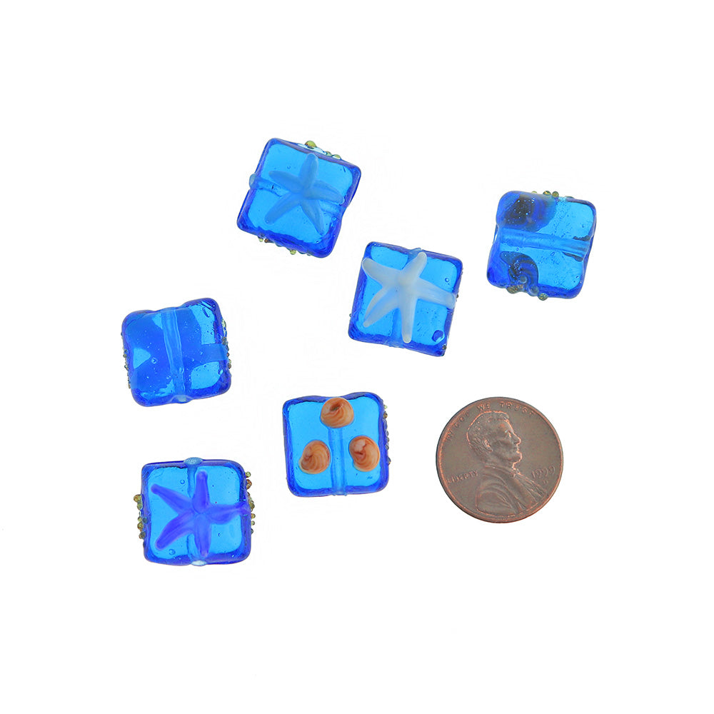 Square Glass Beads 15mm x 16mm - Lampwork Seashell and Starfish - 4 Beads - BD2788