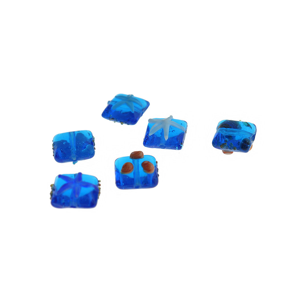 Square Glass Beads 15mm x 16mm - Lampwork Seashell and Starfish - 4 Beads - BD2788