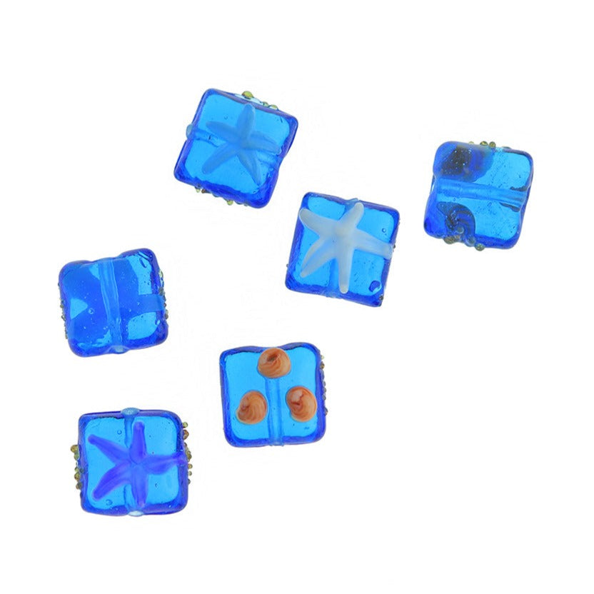 Square Glass Beads 15mm x 16mm - Lampwork Seashell and Starfish - 4 Beads - BD2788